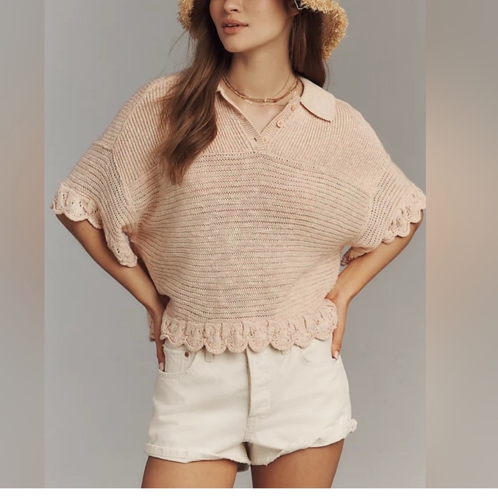Anthropologie collared Knit Ruffle top sweater in peach size XL